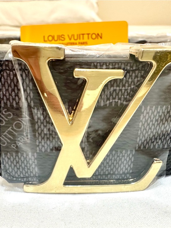Louis Vuitton Accessories - Louis Vuitton Gold LV Buckle Belt with Black Monogram Strap